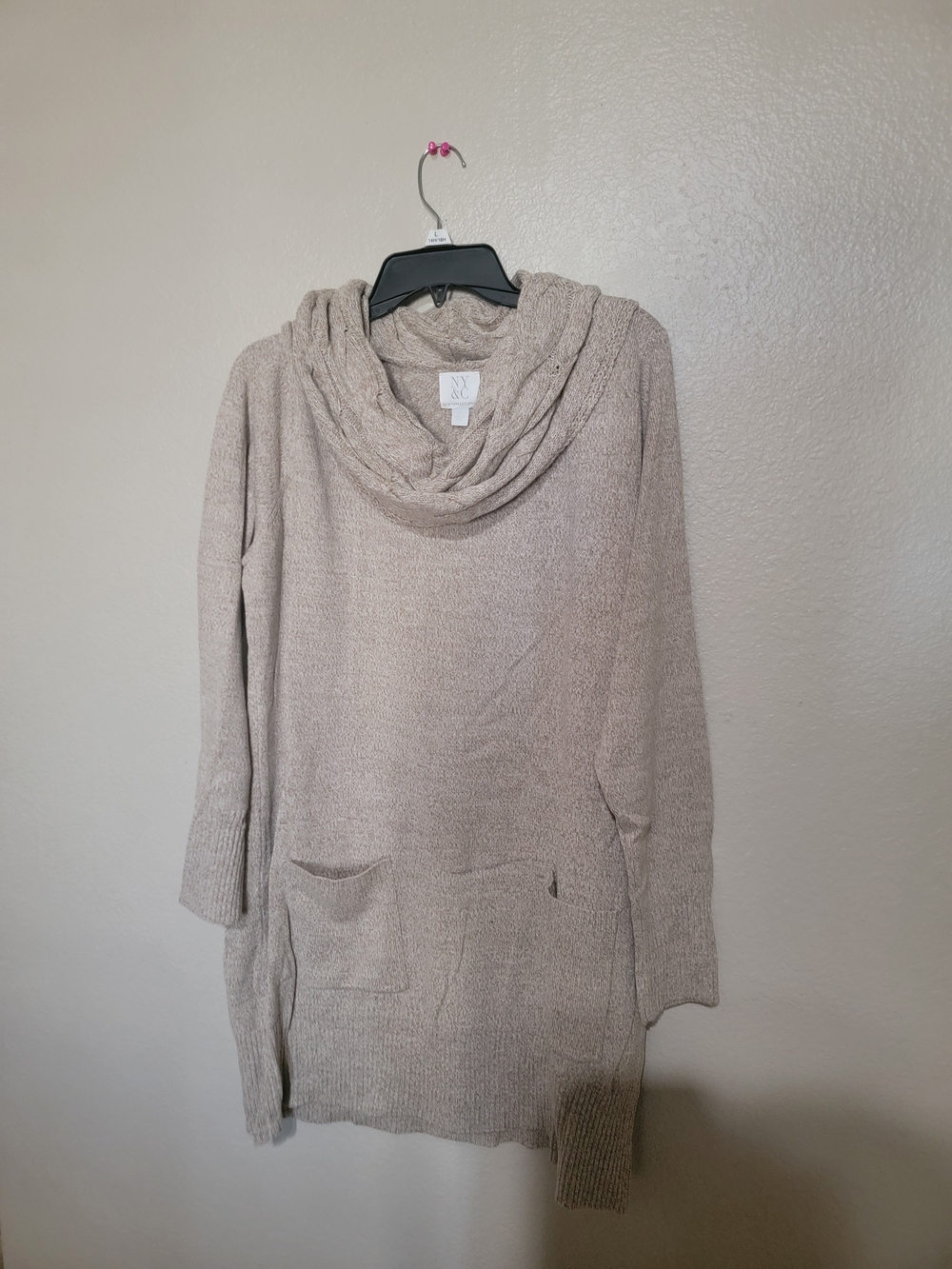 New York & Company Taupe Cowl-Neck Pocket Sweater